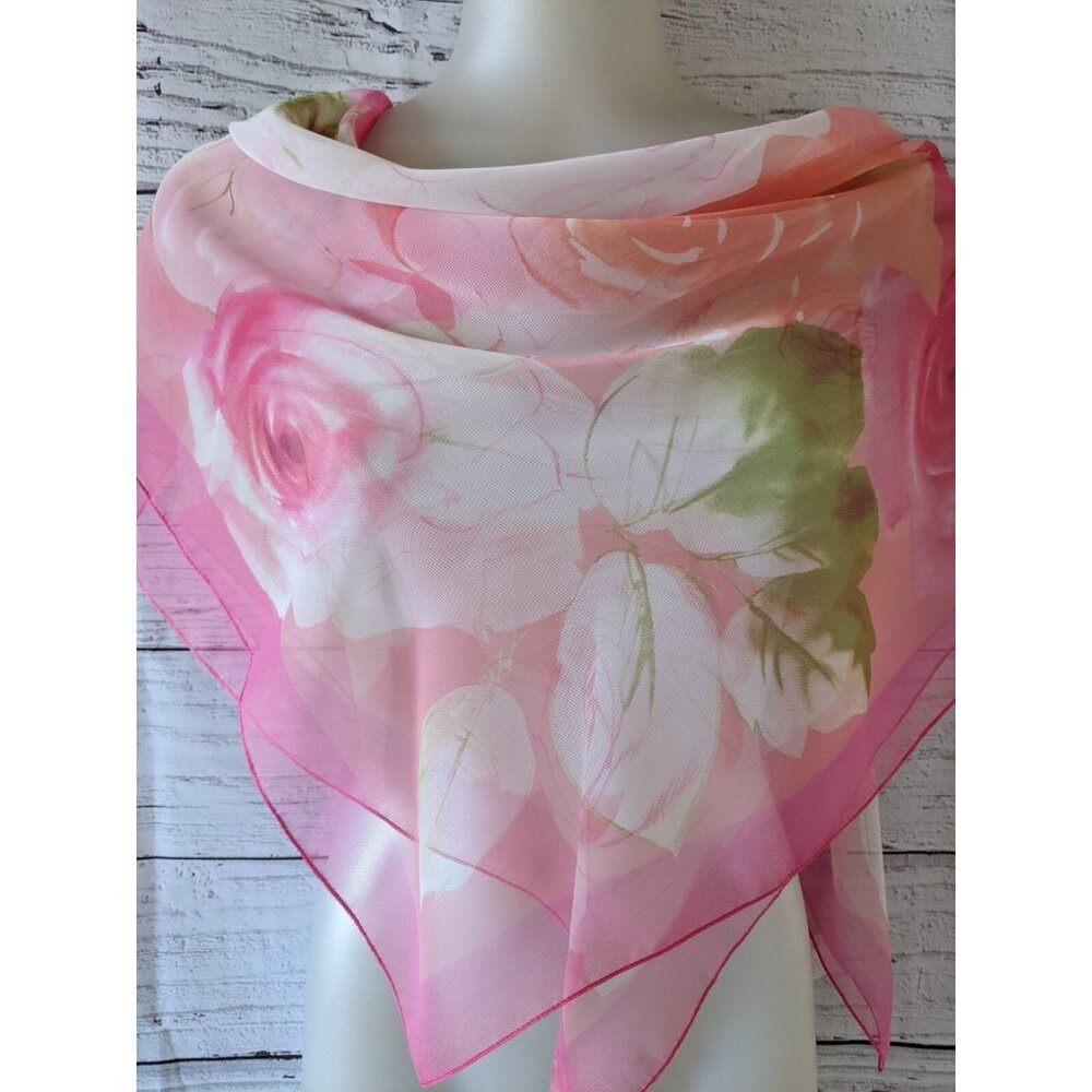 Firenze Italy Women's Scarf Pink Roses Chiffon Square Lightweight 33"*33"